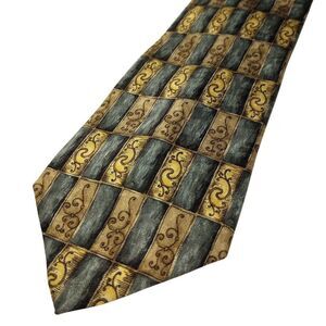 Barrington Mens Silk Tie Gold Blue Scroll Filigree Grid Pattern Necktie